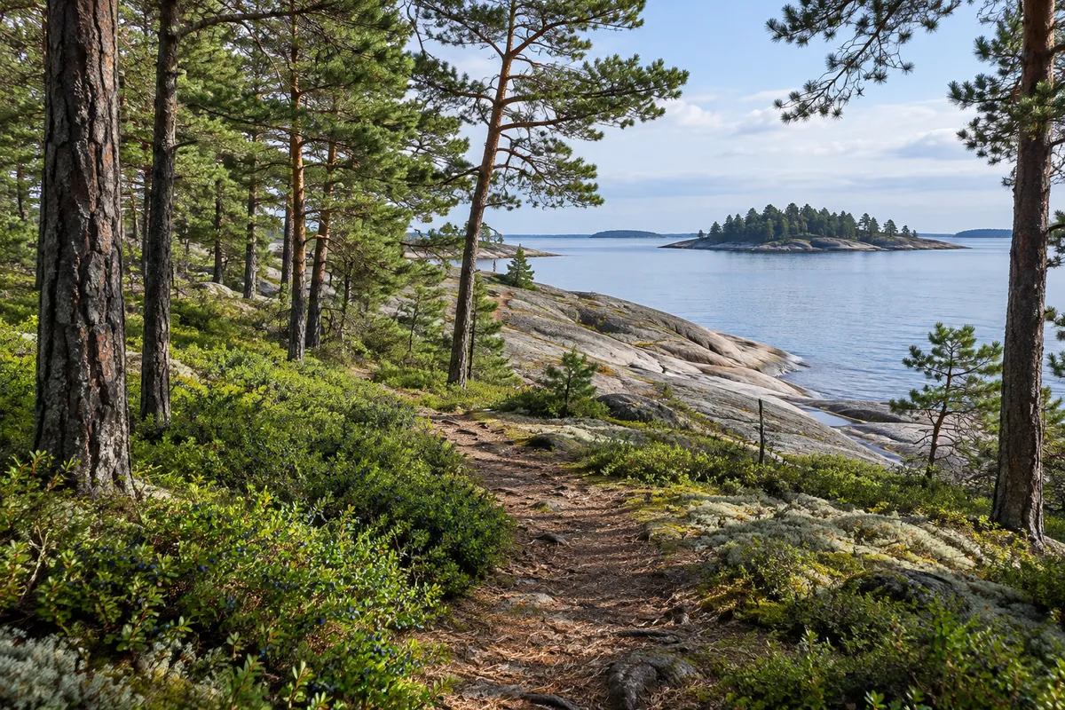 En skogsstig genom tallskogen som slutar vid släta granithällar mot havet