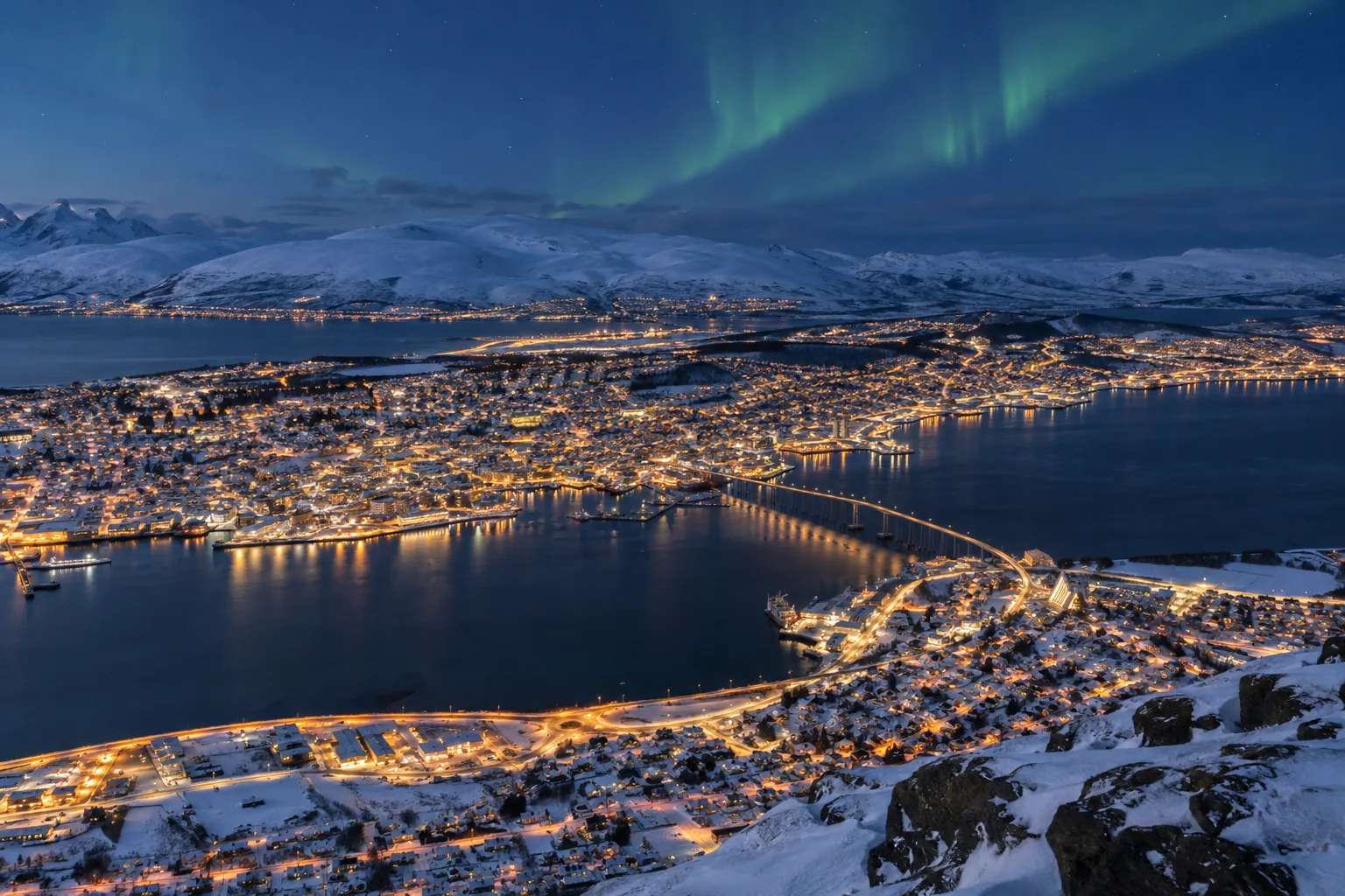Upplyst snötäckt stad i skymningen med välvd bro över mörkt sund, glödande kyrka och norrsken över fjäll